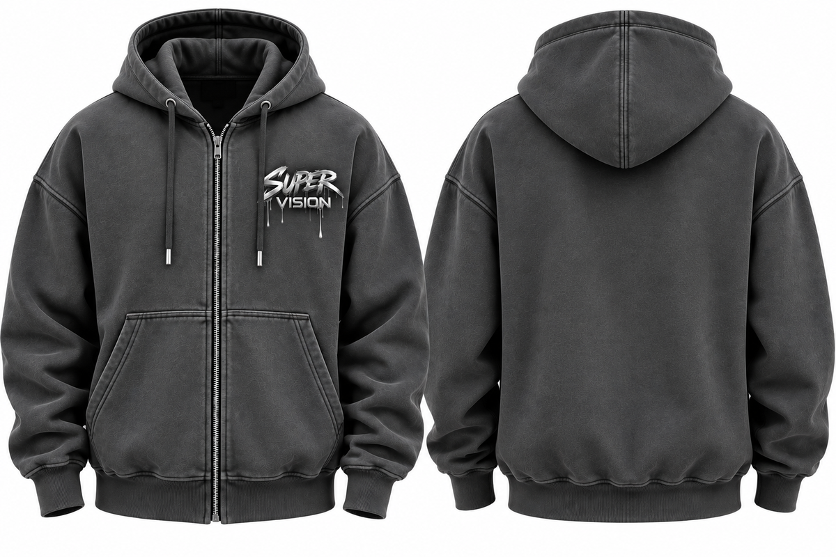Super Vision Zip Hoodie - Charcoal Black | Premium Streetwear