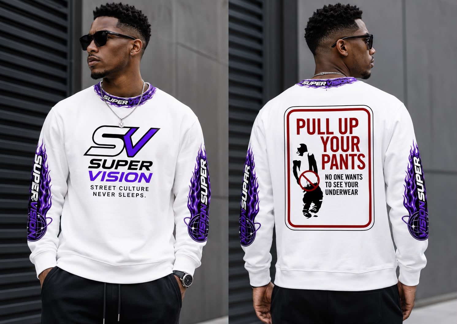 SV Super Vision "Pull Up Your Pants" Flame Crewneck — White
