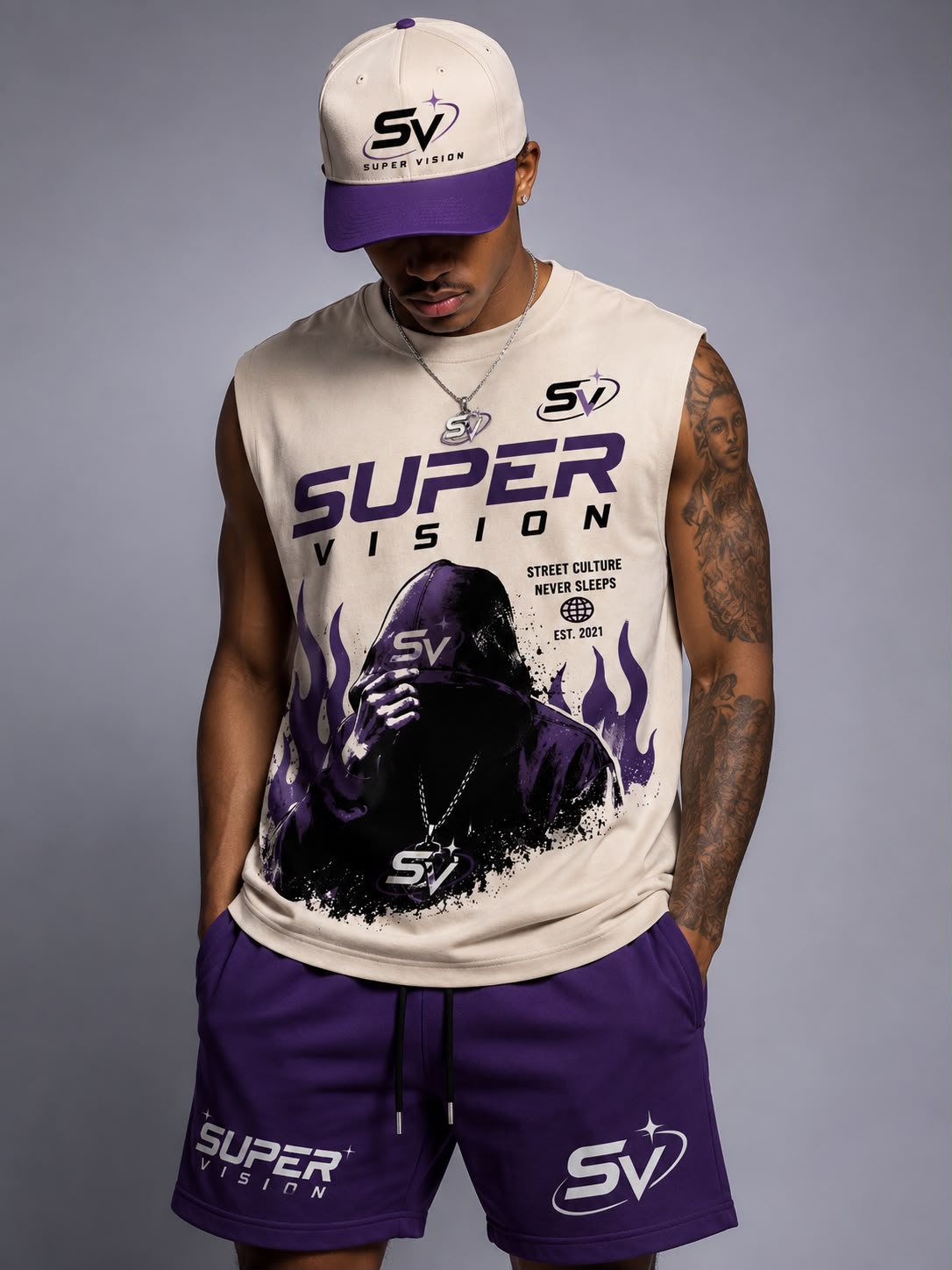SV Super Vision "Hooded Figure" Tank & Shorts Set — Sand/Purple